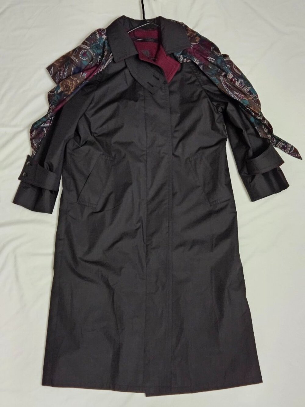 London Fog Vintage Black Wool Trench Coat Floral Scarf Wine Red Liner Size:6